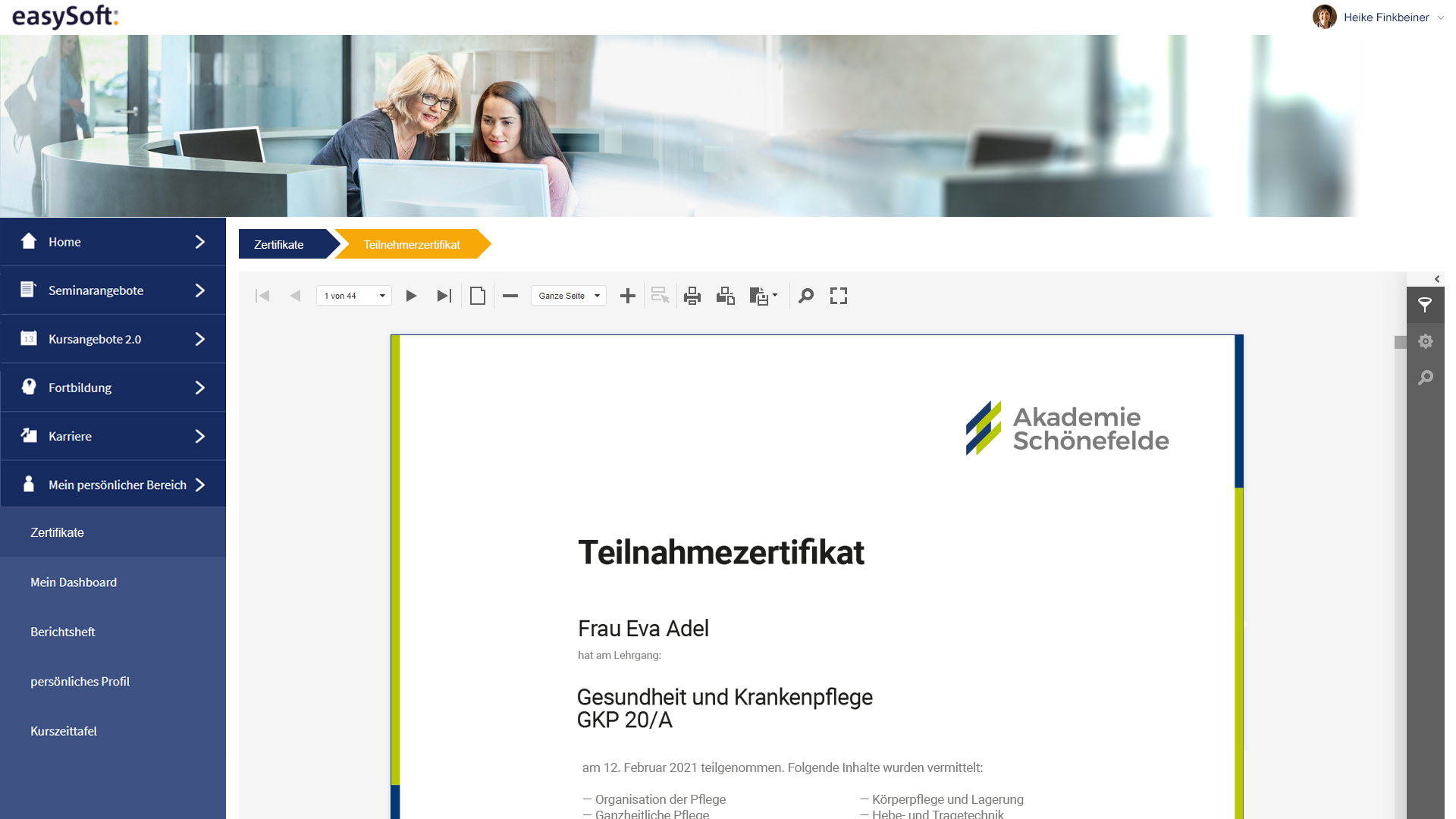 Screenshot eines Teilnehmerzertifikats