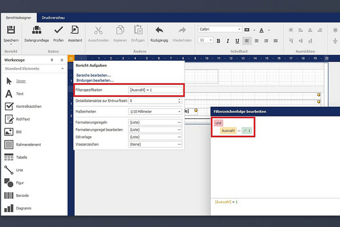Screenshot des Berichtsdesigners in easySoft 5