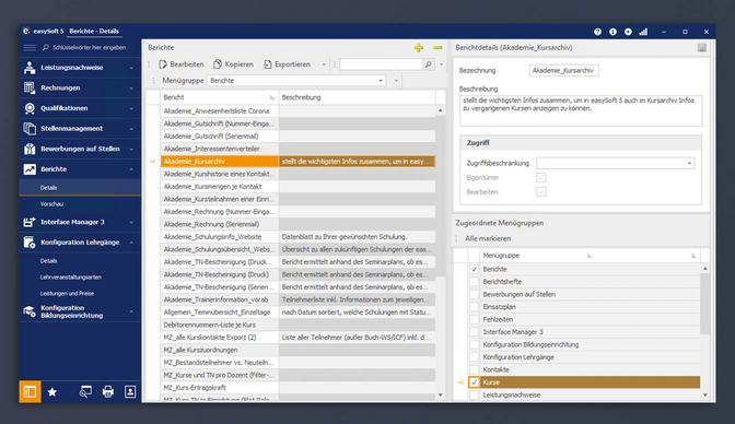 Screenshot Berichte bestimmten Menügruppen zuordnen in easySoft 5