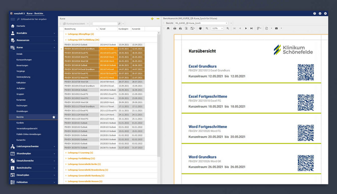 Screenshot Bericht zur Kursübersicht auf ausgewählte Datensätze anwenden
